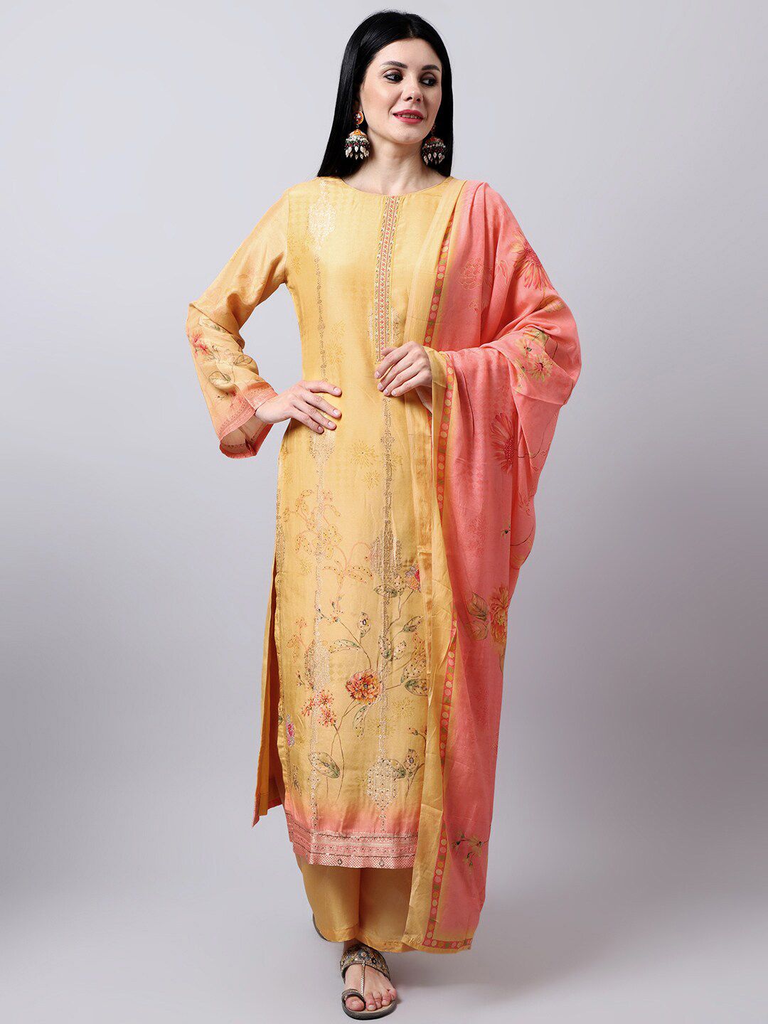 Stylee LIFESTYLE Yellow & Pink Pure Silk Unstitched Dress Material Price in India