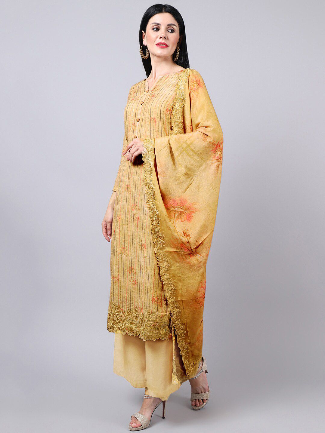 Stylee LIFESTYLE Yellow & Green Pure Silk Unstitched Dress Material Price in India