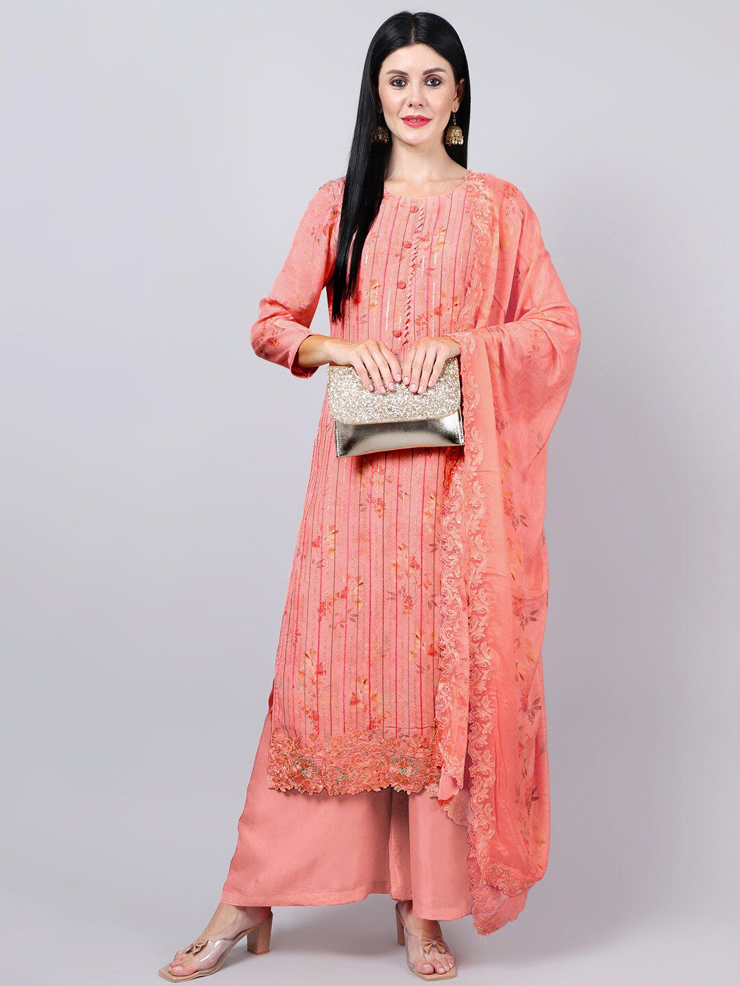 Stylee LIFESTYLE Peach-Coloured Embroidered Pure Silk Unstitched Dress Material Price in India