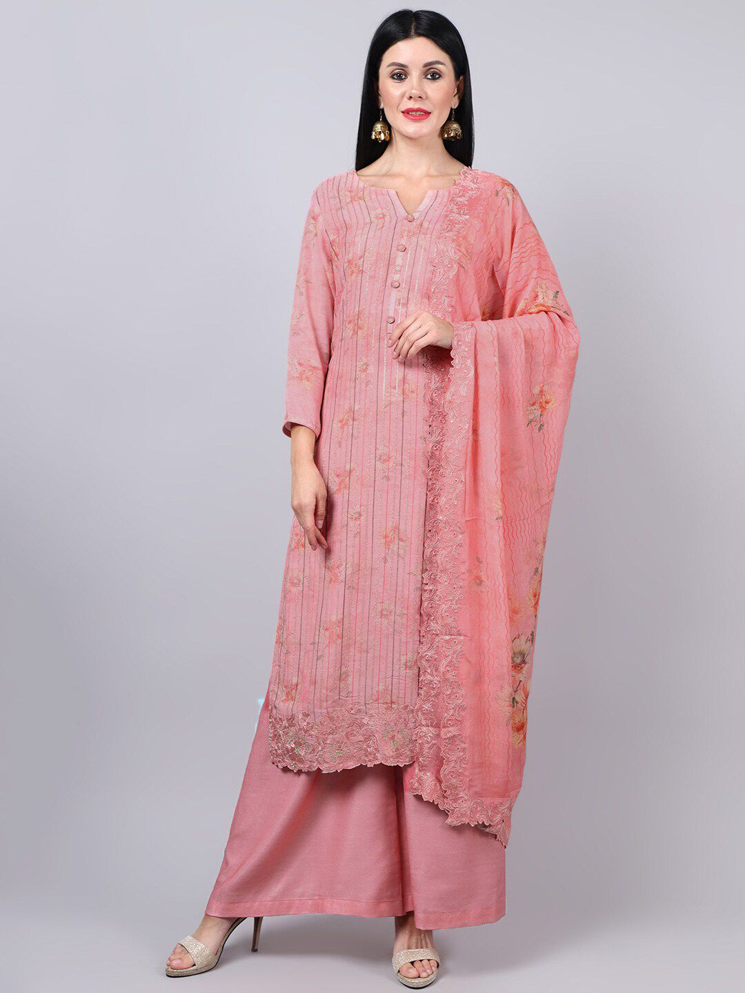 Stylee LIFESTYLE Pink Printed Pure Silk Unstitched Dress Material Price in India