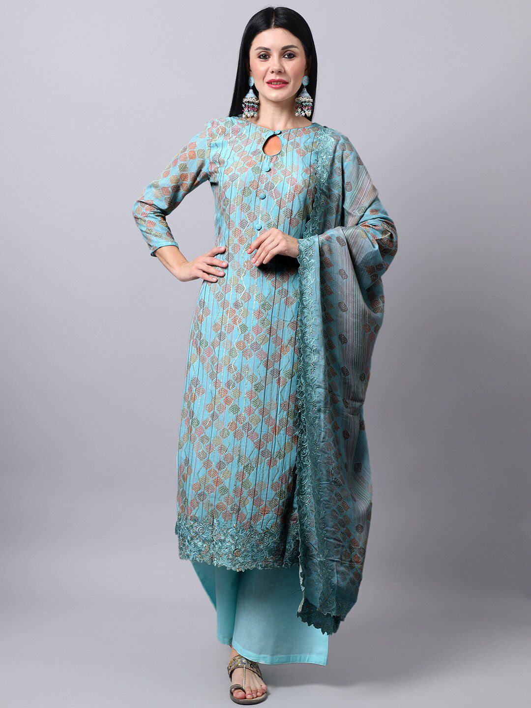 Stylee LIFESTYLE Turquoise Women Blue & Blue Embroidered Pure Silk Dress Material Price in India