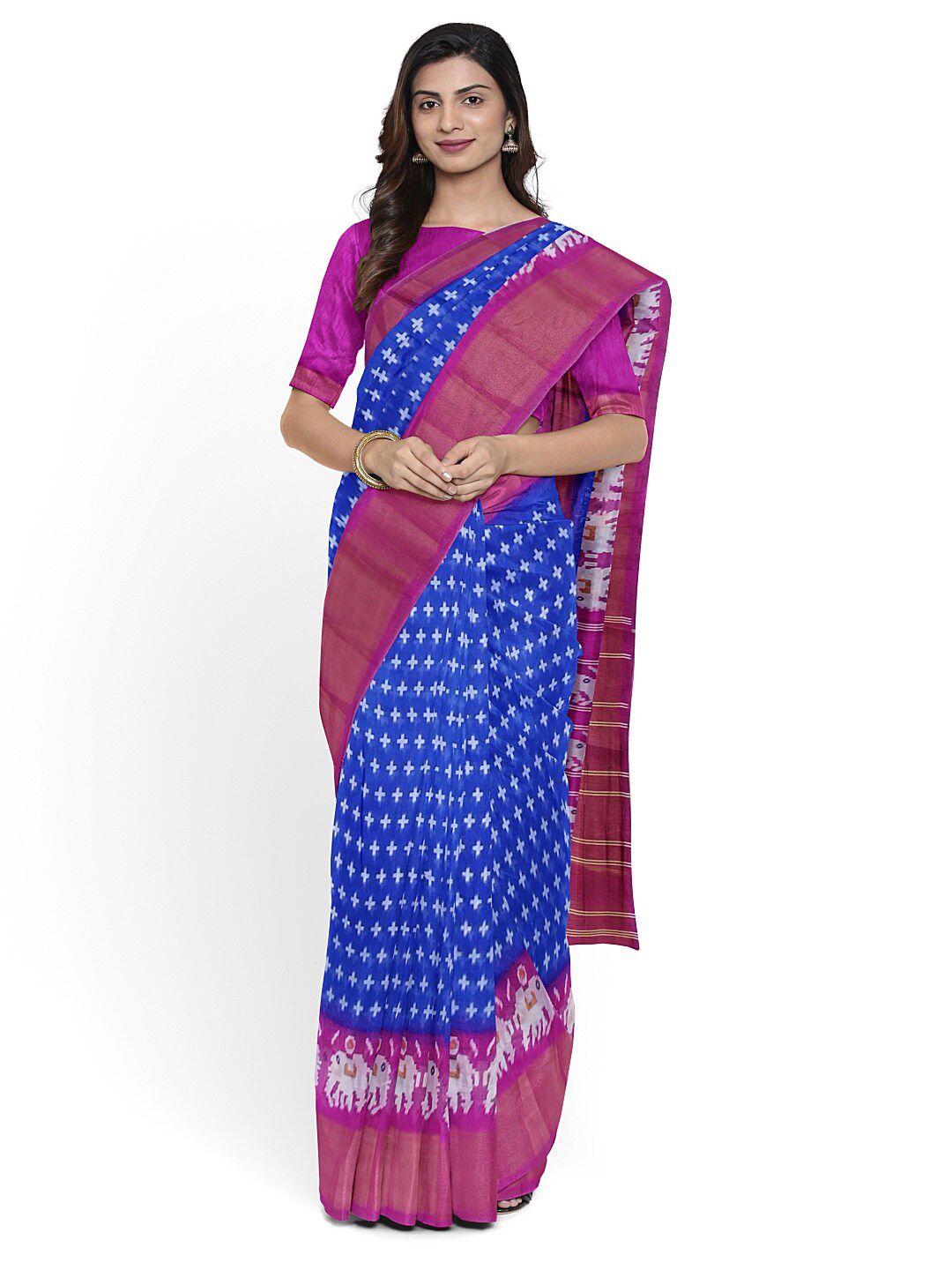 KALINI Blue & White Kalamkari Silk Blend Ready to Wear Bhagalpuri Saree Price in India