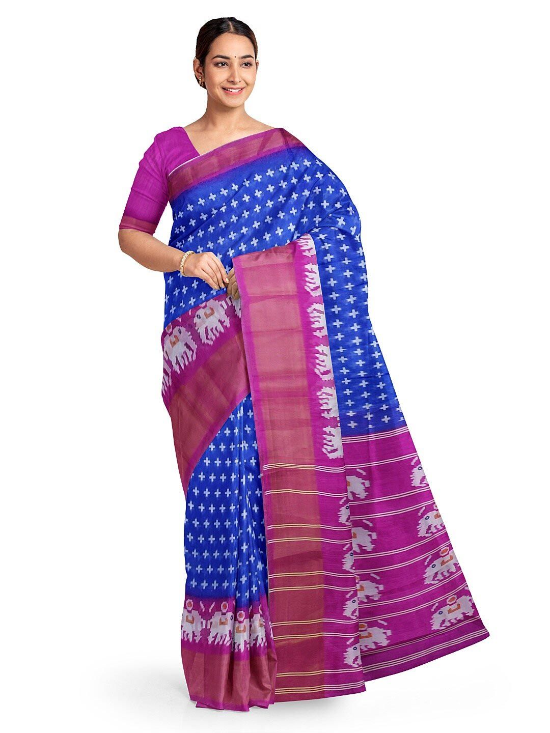KALINI Blue & Pink  Kalamkari Silk Blend Ready to Wear Bhagalpuri Saree Price in India