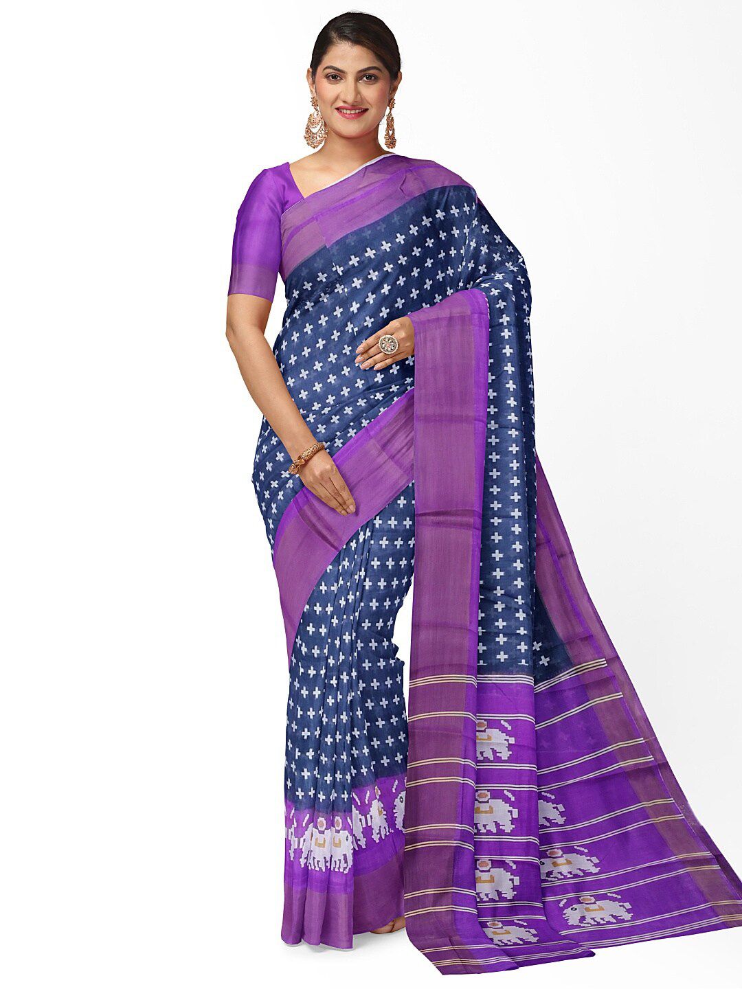 KALINI Blue & Purple Kalamkari Silk Blend Ready to Wear Bhagalpuri Saree Price in India