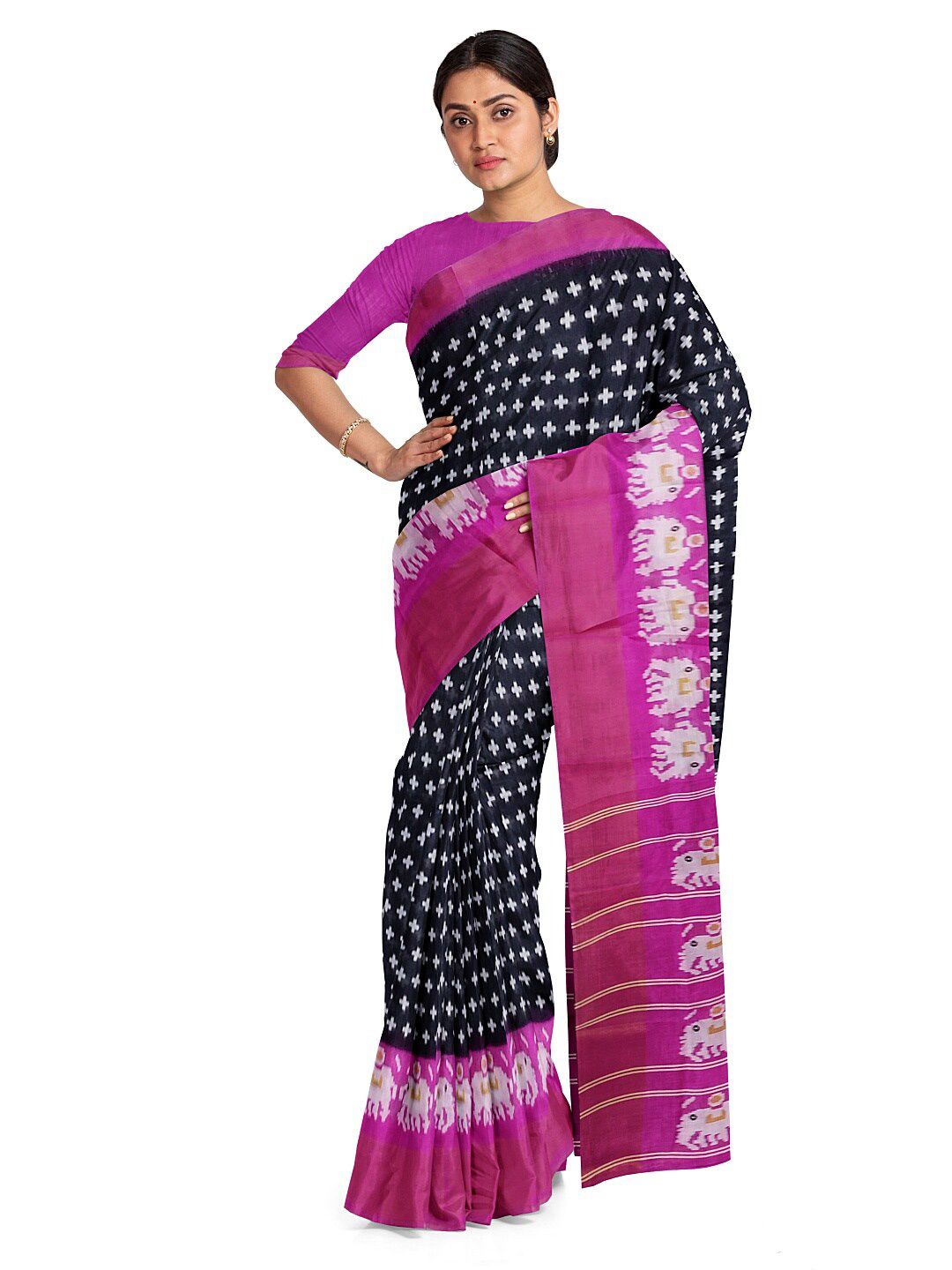KALINI Black & Purple Kalamkari Silk Blend Ready to Wear Bhagalpuri Saree Price in India