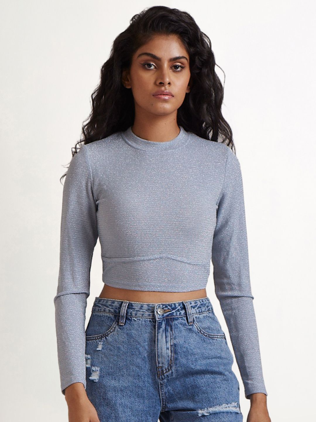COVER STORY Women Grey Solid Round Neck Full Sleeve Crop Top Price in India