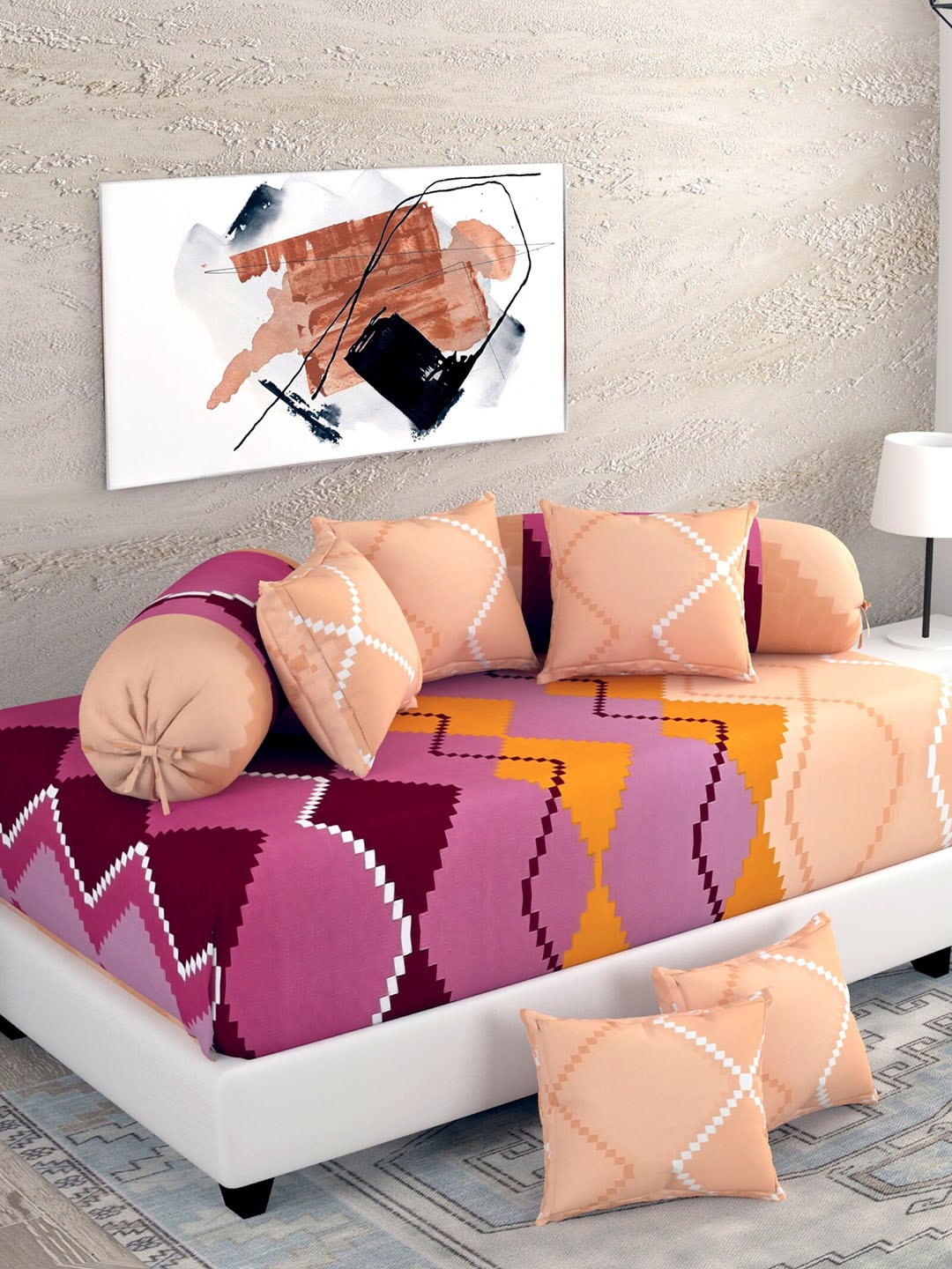 Salona Bichona Peach-Coloured Self-Design Cotton Diwan Set With Cushion & Bolster Covers Price in India