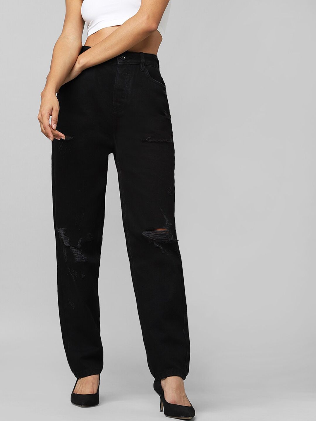 ONLY Women Black Relaxed Fit High-Rise Mildly Distressed Jeans Price in India