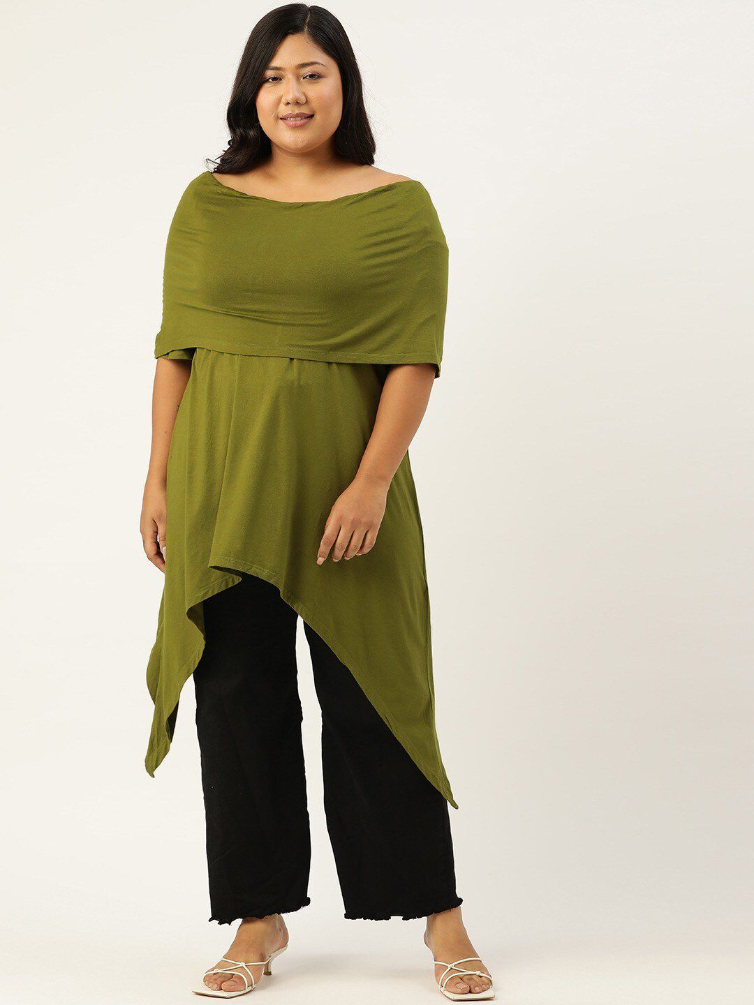 theRebelinme Women Olive Green Off-Shoulder High-Low Longline Top Price in India
