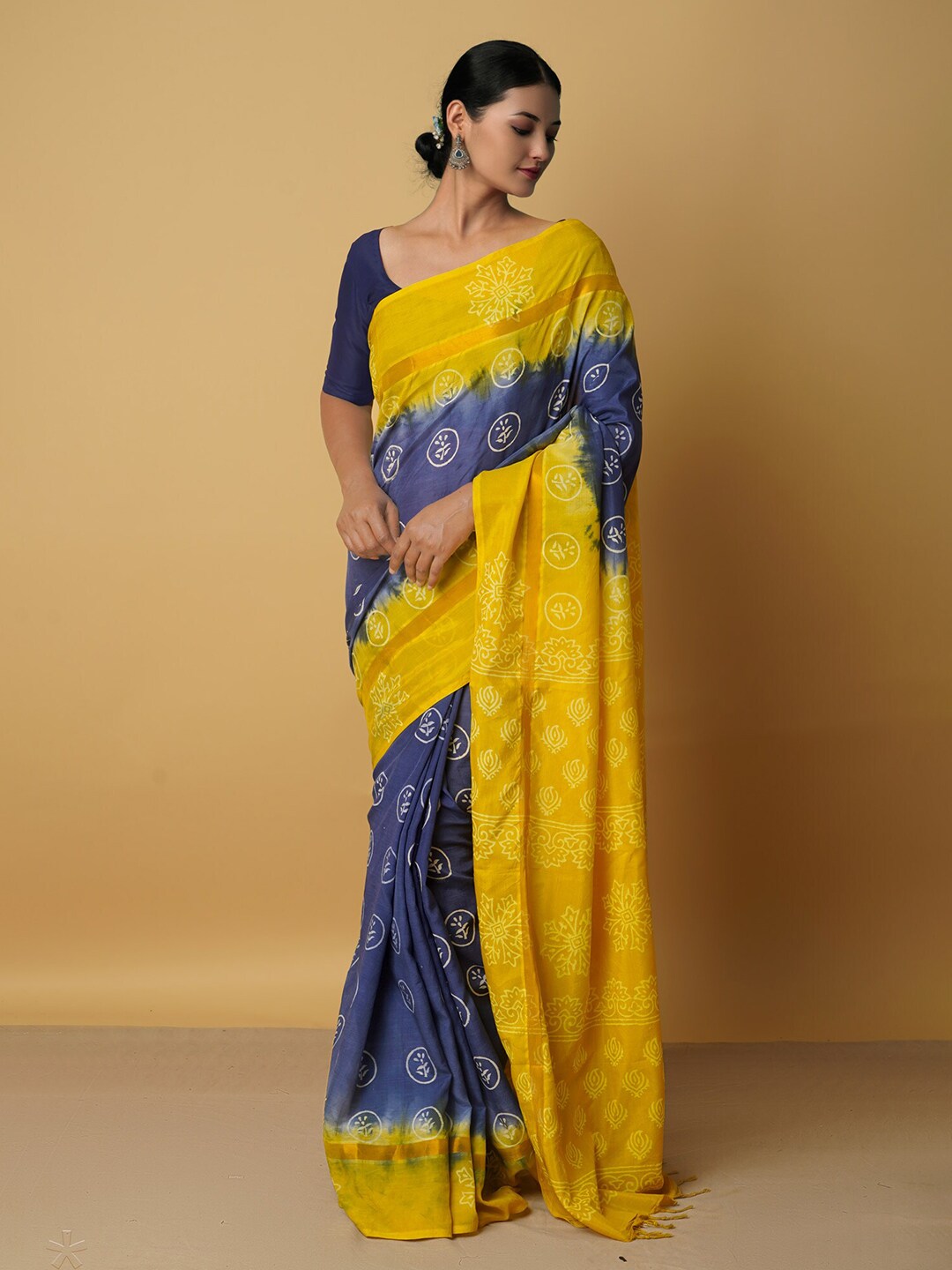 Unnati Silks Women Navy Blue & Yellow Ethnic Motifs Silk Blend Baluchari Saree Price in India
