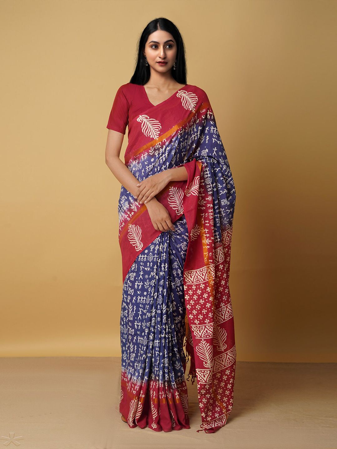 Unnati Silks Navy Blue & Gold-Toned Ethnic Motifs Zari Silk Blend Baluchari Saree Price in India