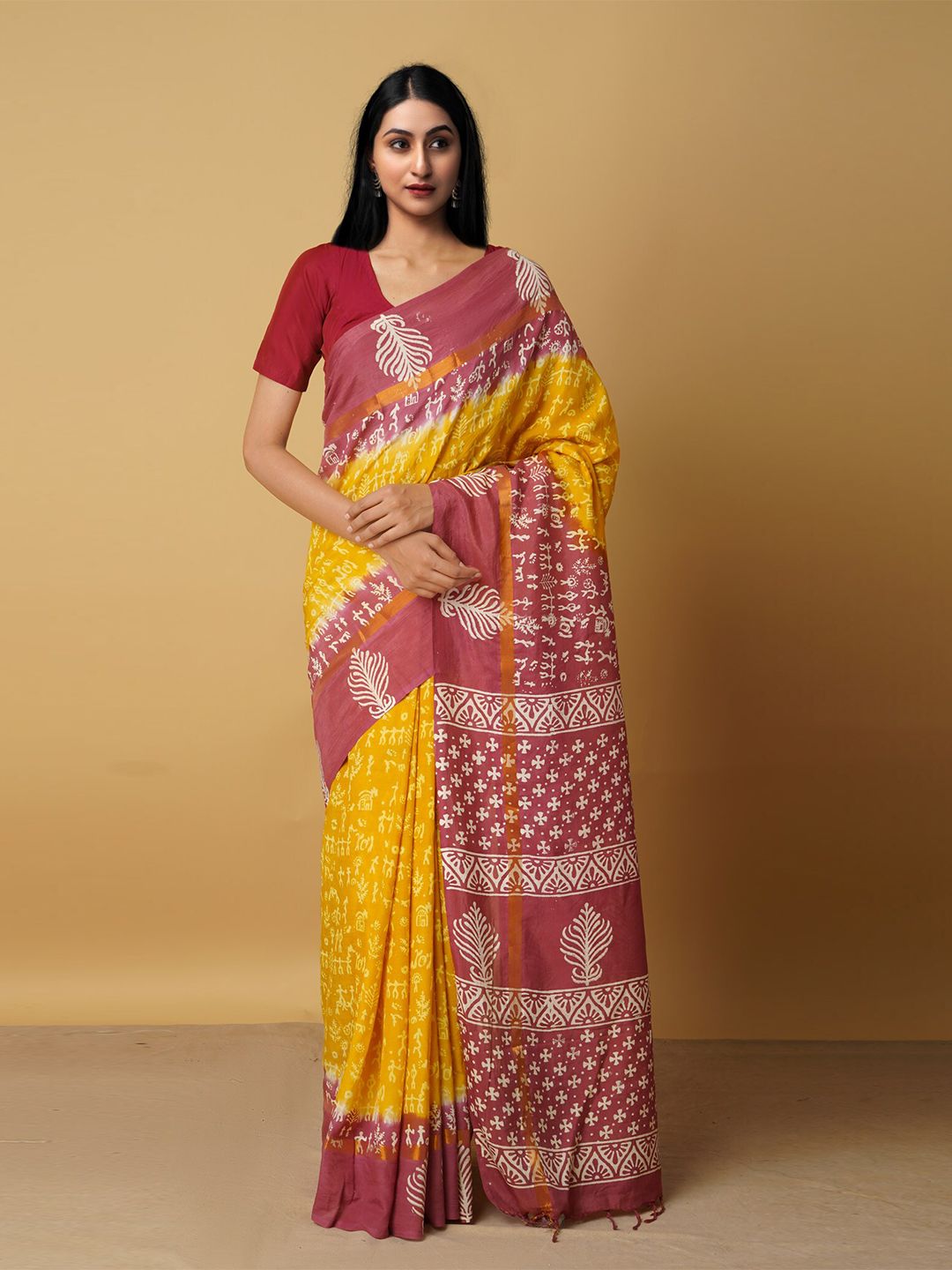 Unnati Silks Yellow & Pink Ethnic Motifs Silk Blend Baluchari Saree Price in India