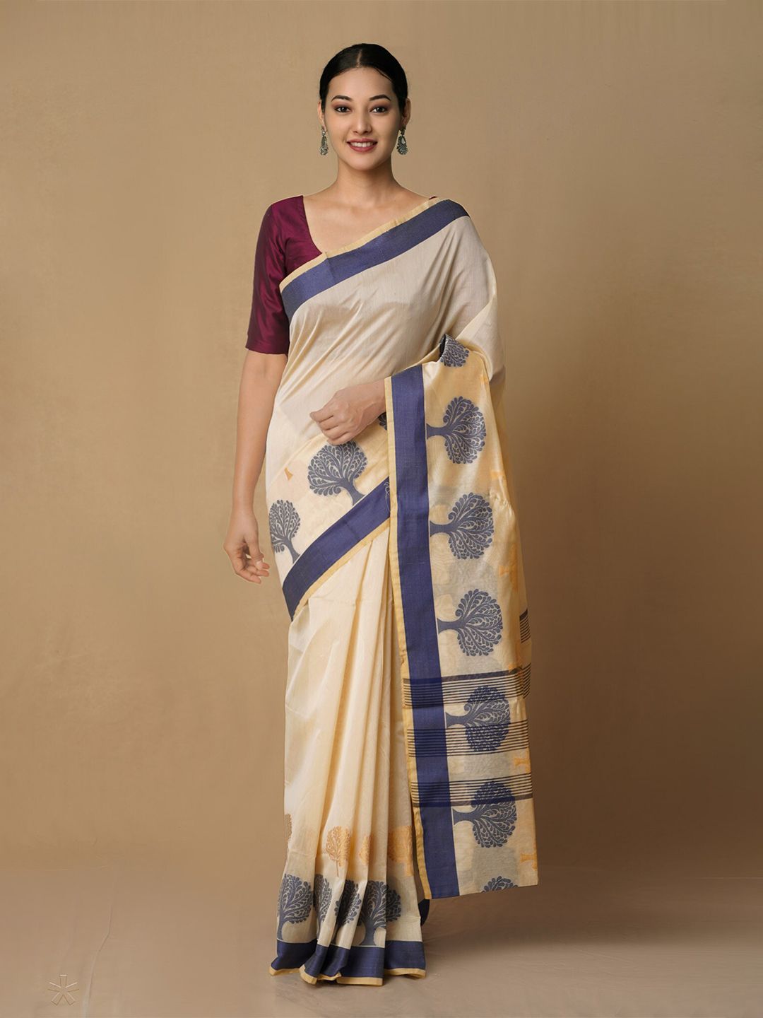 Unnati Silks Cream-Coloured & Blue Woven Design Zari Silk Cotton Baluchari Saree Price in India
