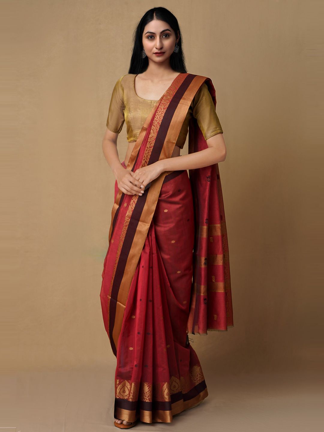 Unnati Silks Red & Brown Woven Design Zari Silk Cotton Baluchari Saree Price in India