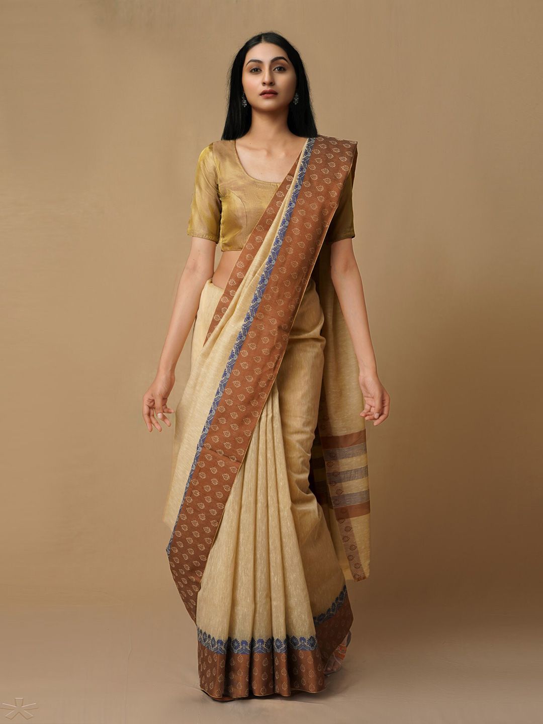 Unnati Silks Women Brown & Beige Woven Design Jute Silk Maheshwari Saree Price in India