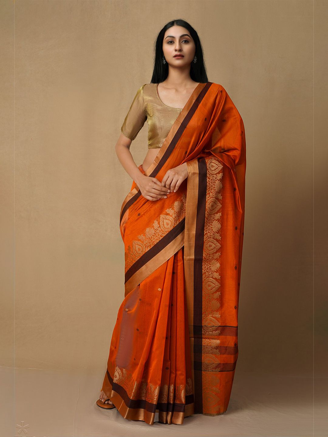 Unnati Silks Women Orange & Gold-Toned Woven Design Silk Cotton Zari Baluchari Saree Price in India