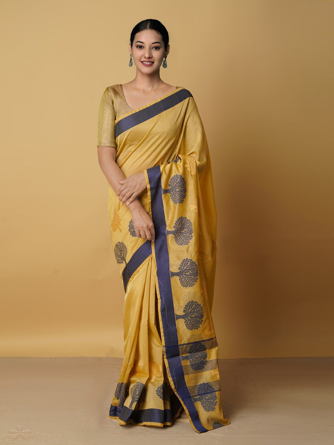 Unnati Silks Brown & Blue Woven Design Zari Silk Cotton Baluchari Saree Price in India