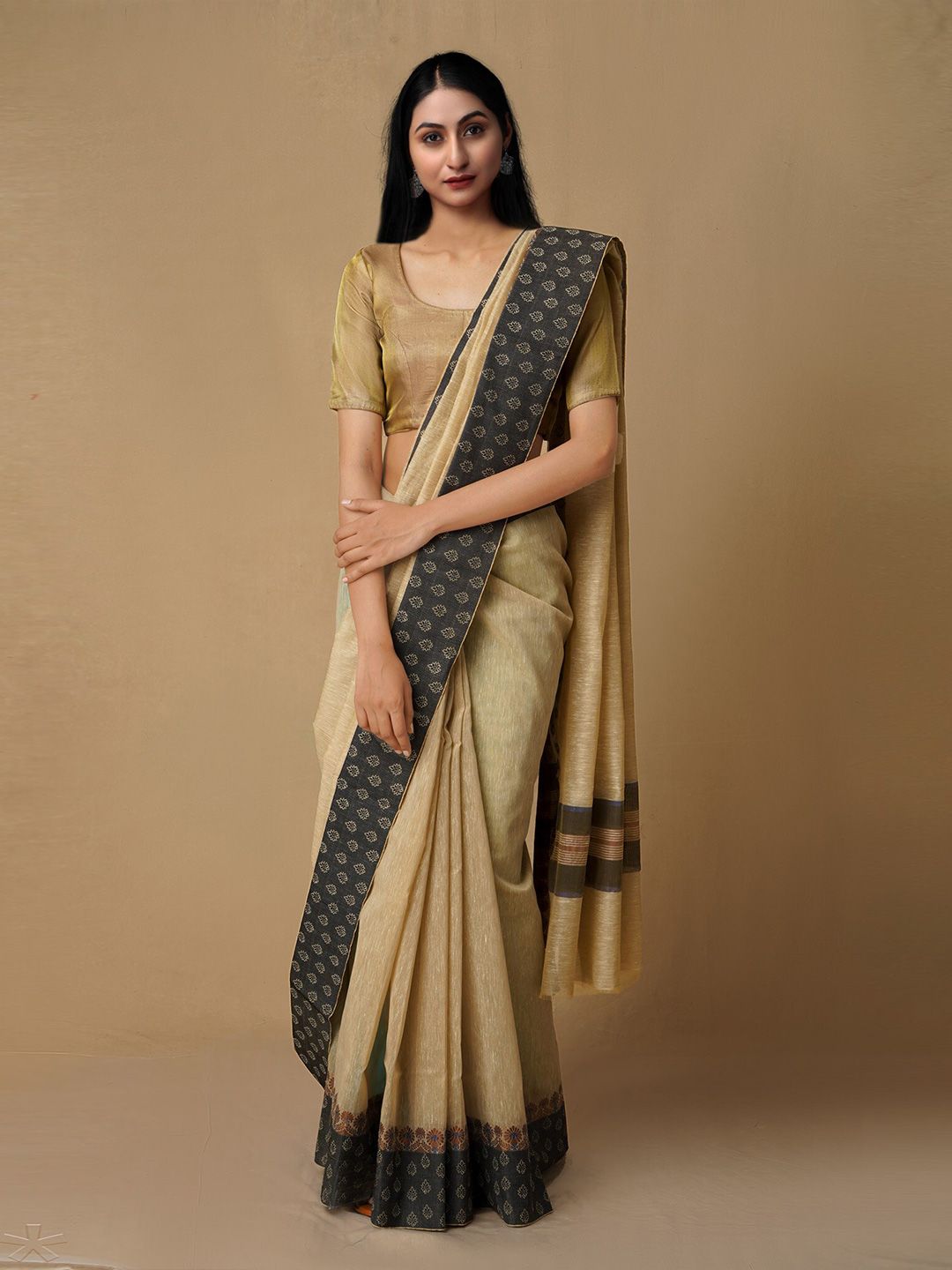 Unnati Silks Brown & Cream-Coloured Jute Silk Maheshwari Saree Price in India