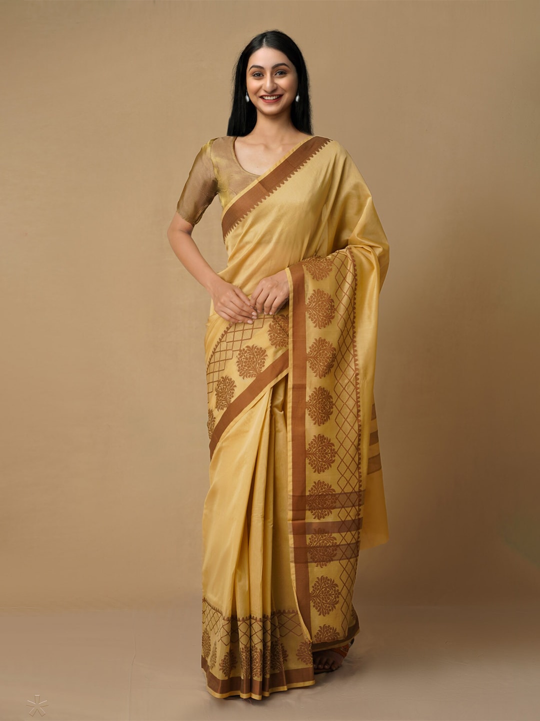 Unnati Silks Brown & Gold-Toned Woven Design Silk Cotton Baluchari Saree Price in India