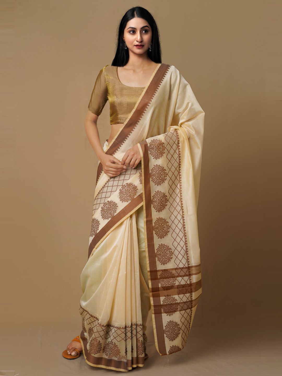 Unnati Silks Brown & Cream-Coloured Woven Design Zari Silk Cotton Baluchari Saree Price in India