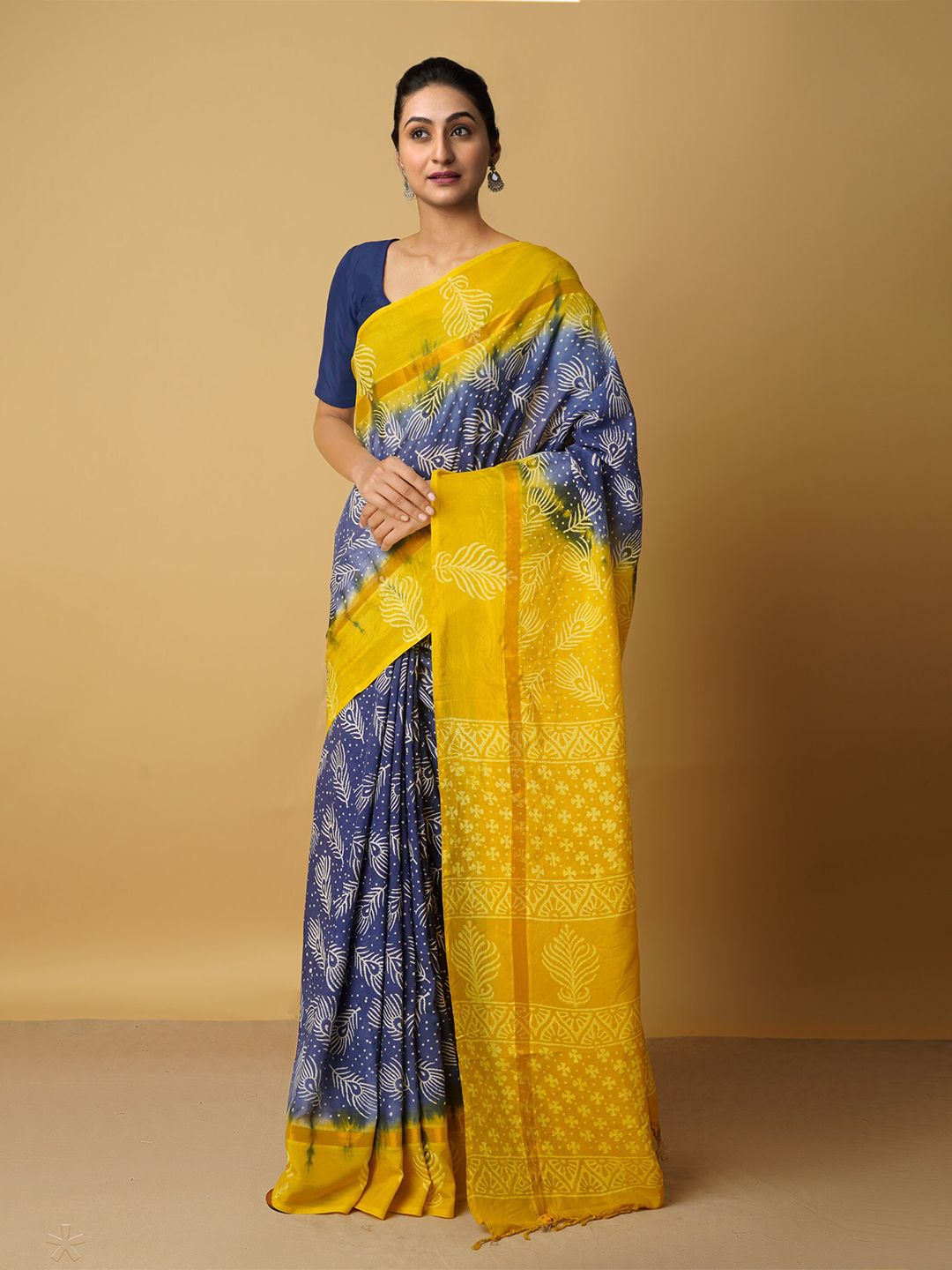 Unnati Silks Navy Blue & Yellow Ethnic Motifs Silk Blend Baluchari Saree Price in India