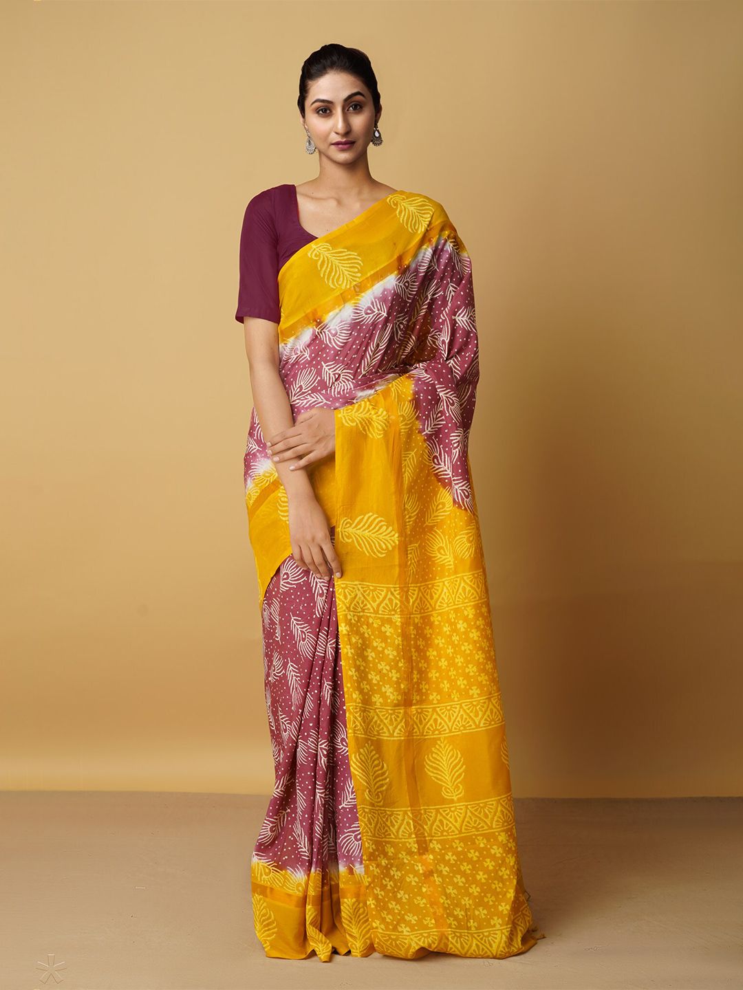 Unnati Silks Maroon & Yellow Ethnic Motifs Silk Blend Baluchari Saree Price in India