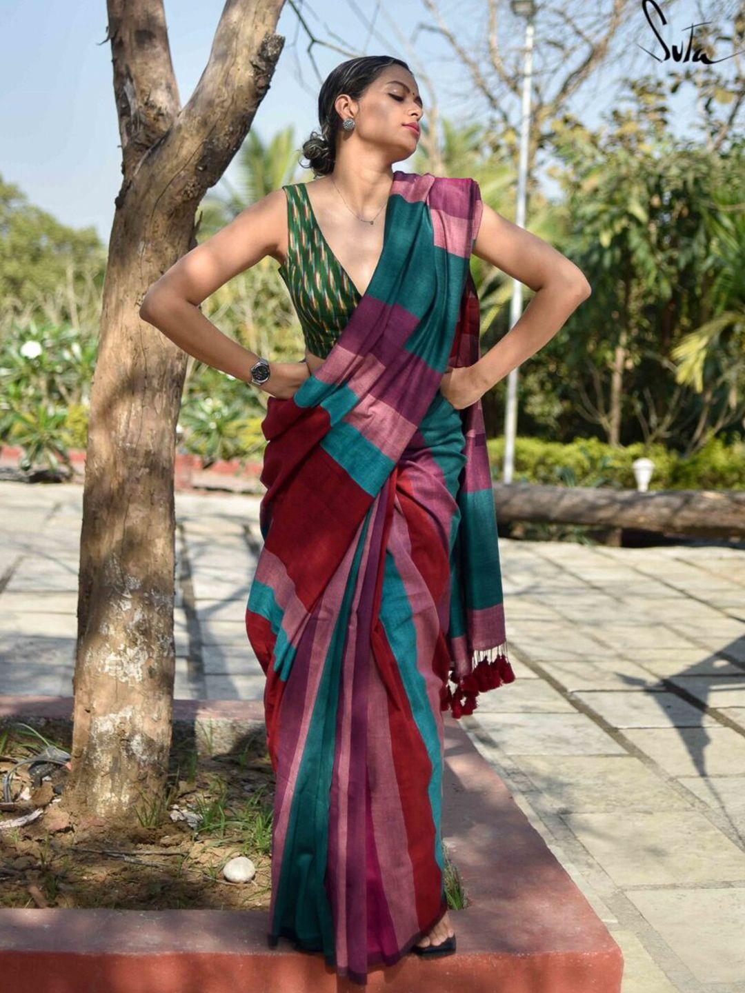 Suta Pink & Green Striped Pure Cotton Saree Price in India