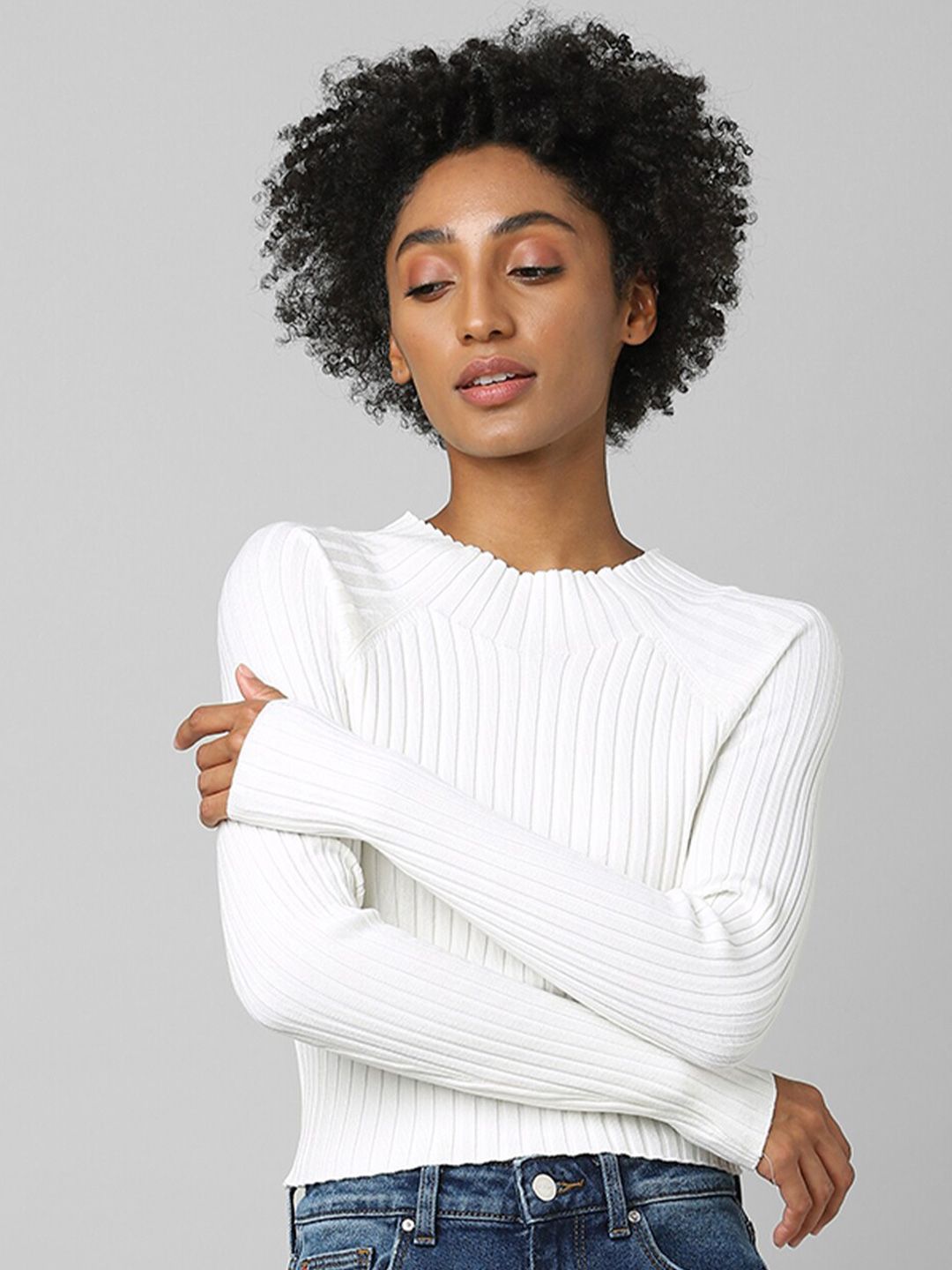 ONLY Women White Cable Knit Crop Pullover Price in India