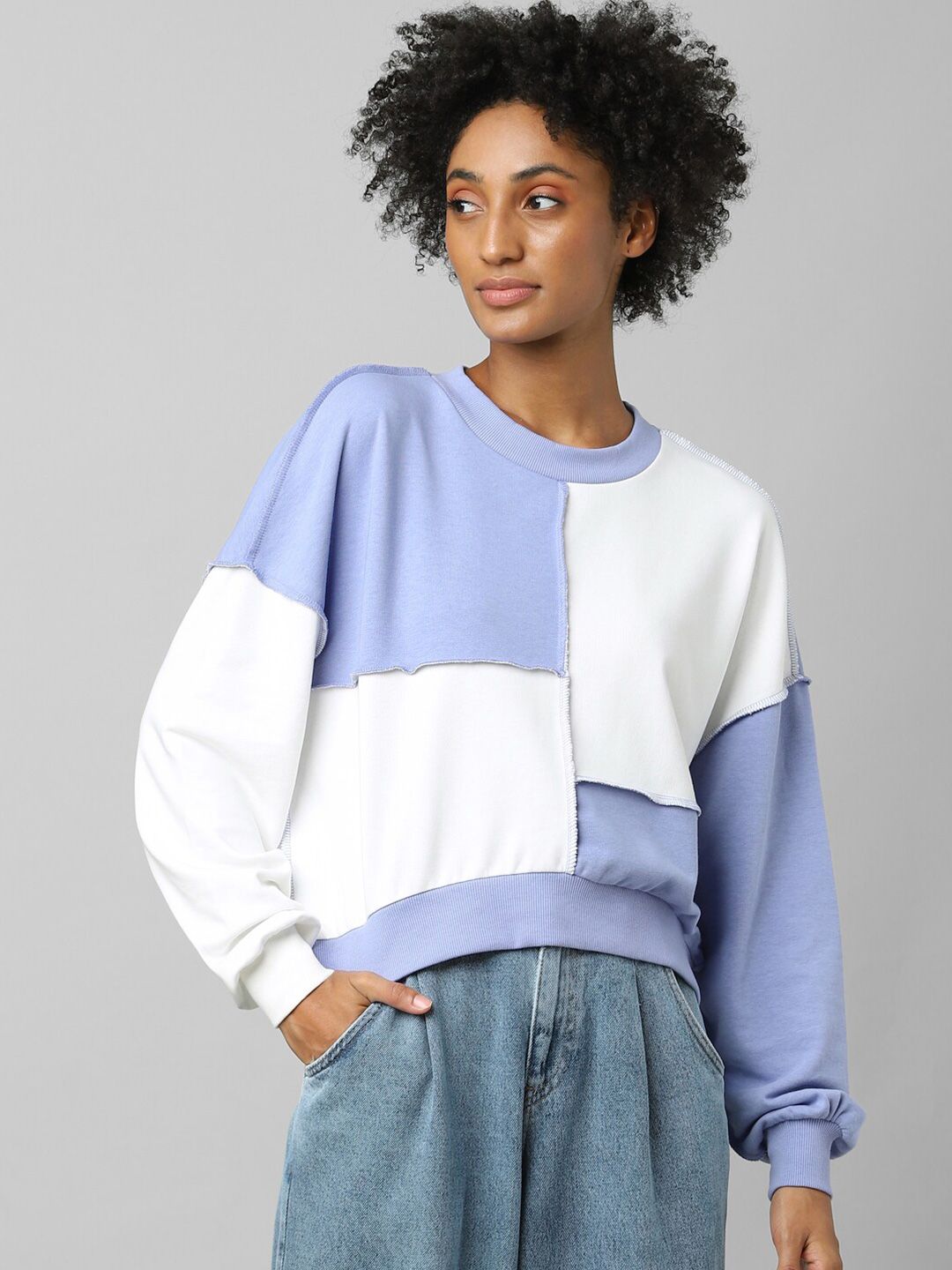 ONLY Women Blue & White Colourblocked Pullover Price in India