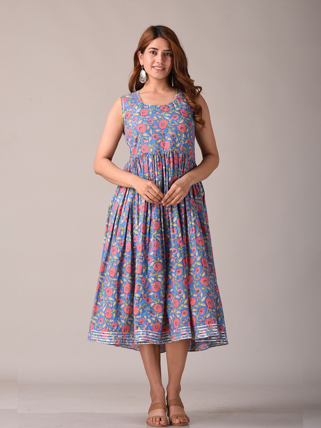 KANNAHI Women Turquoise Blue & Pink Floral Midi Dress Price in India