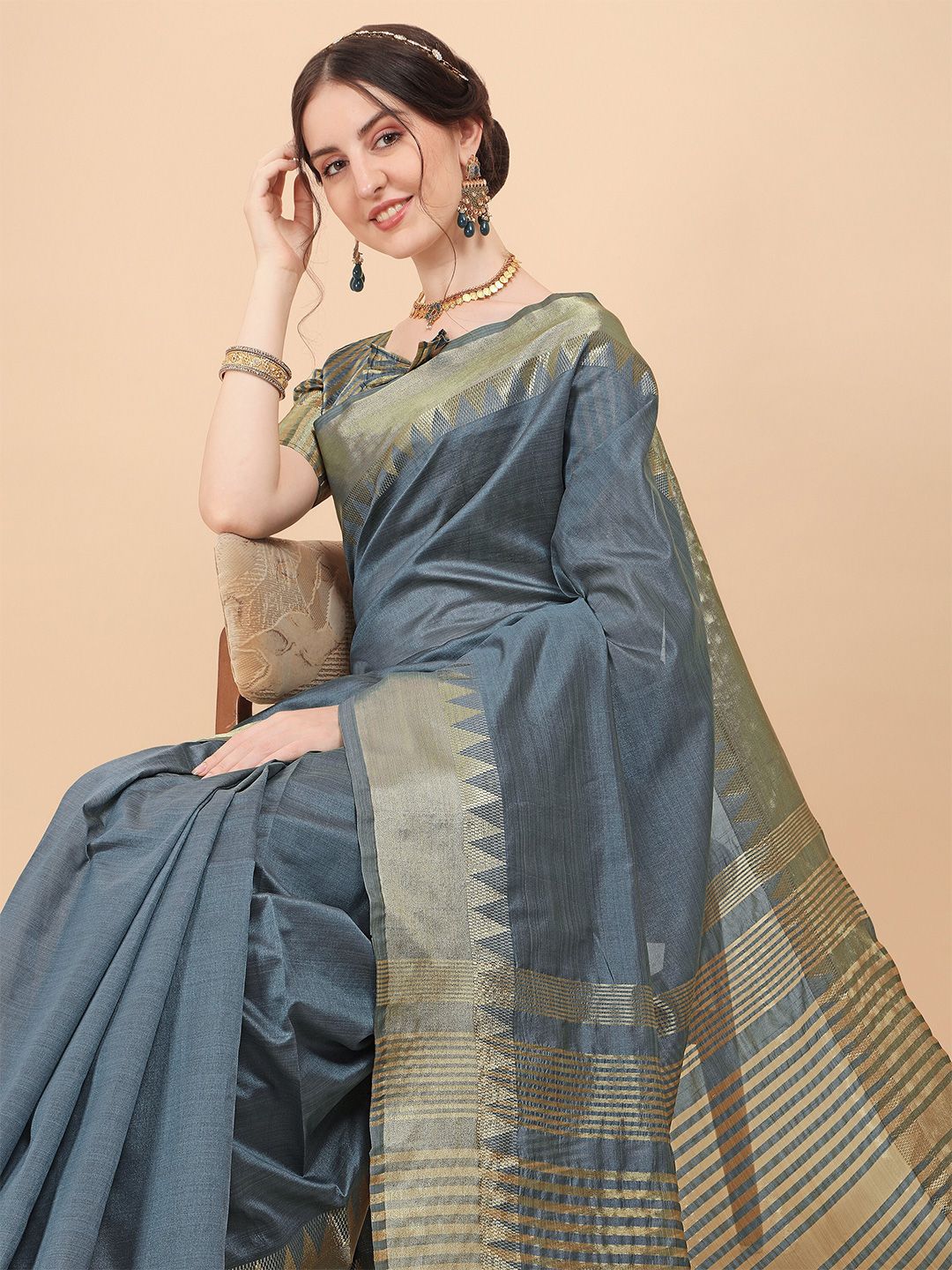 KALINI Blue & Gold-Toned Zari Silk Blend Banarasi Saree Price in India