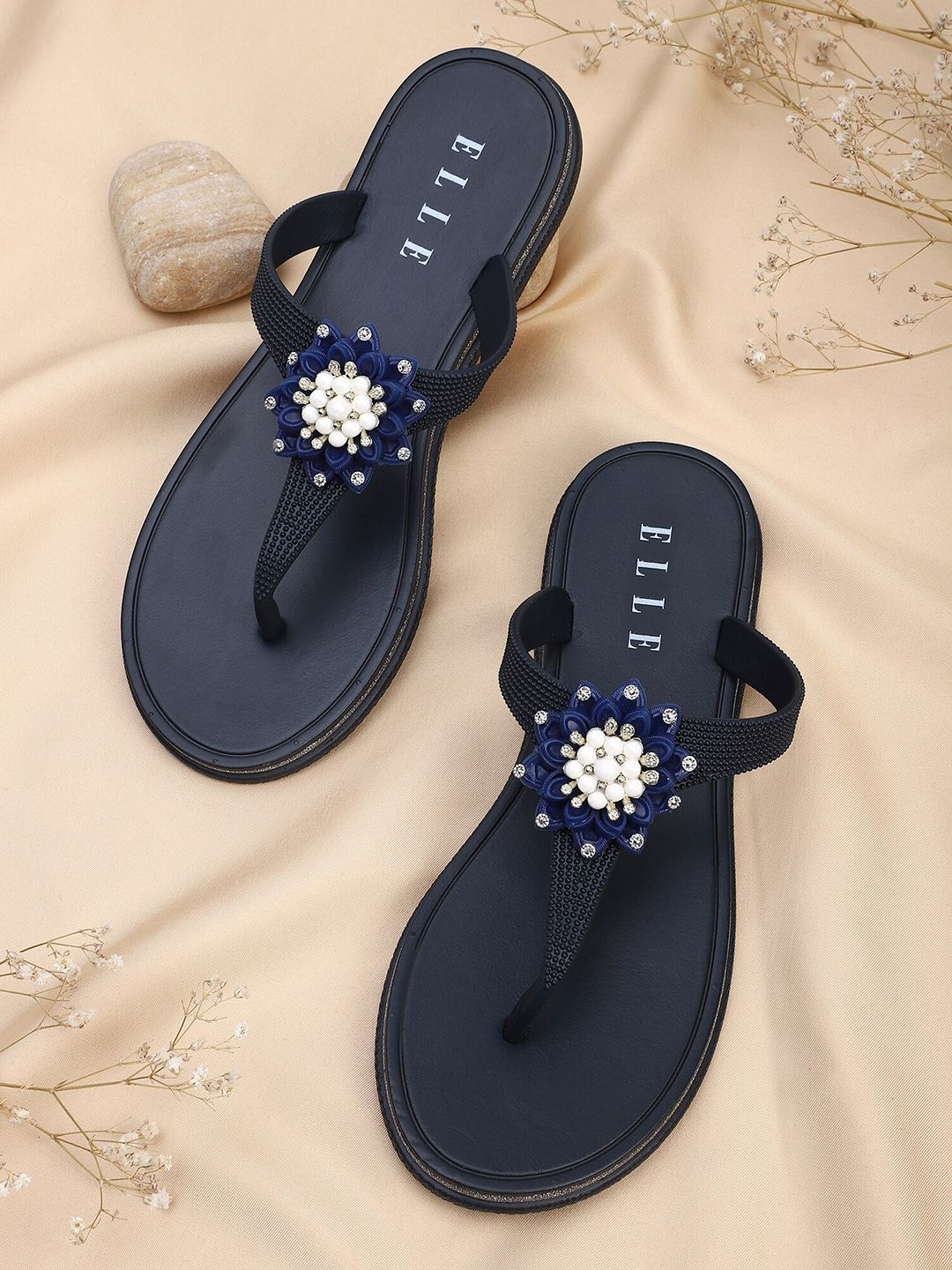 ELLE Women Navy Blue & White Embellished Thong Flip-Flops