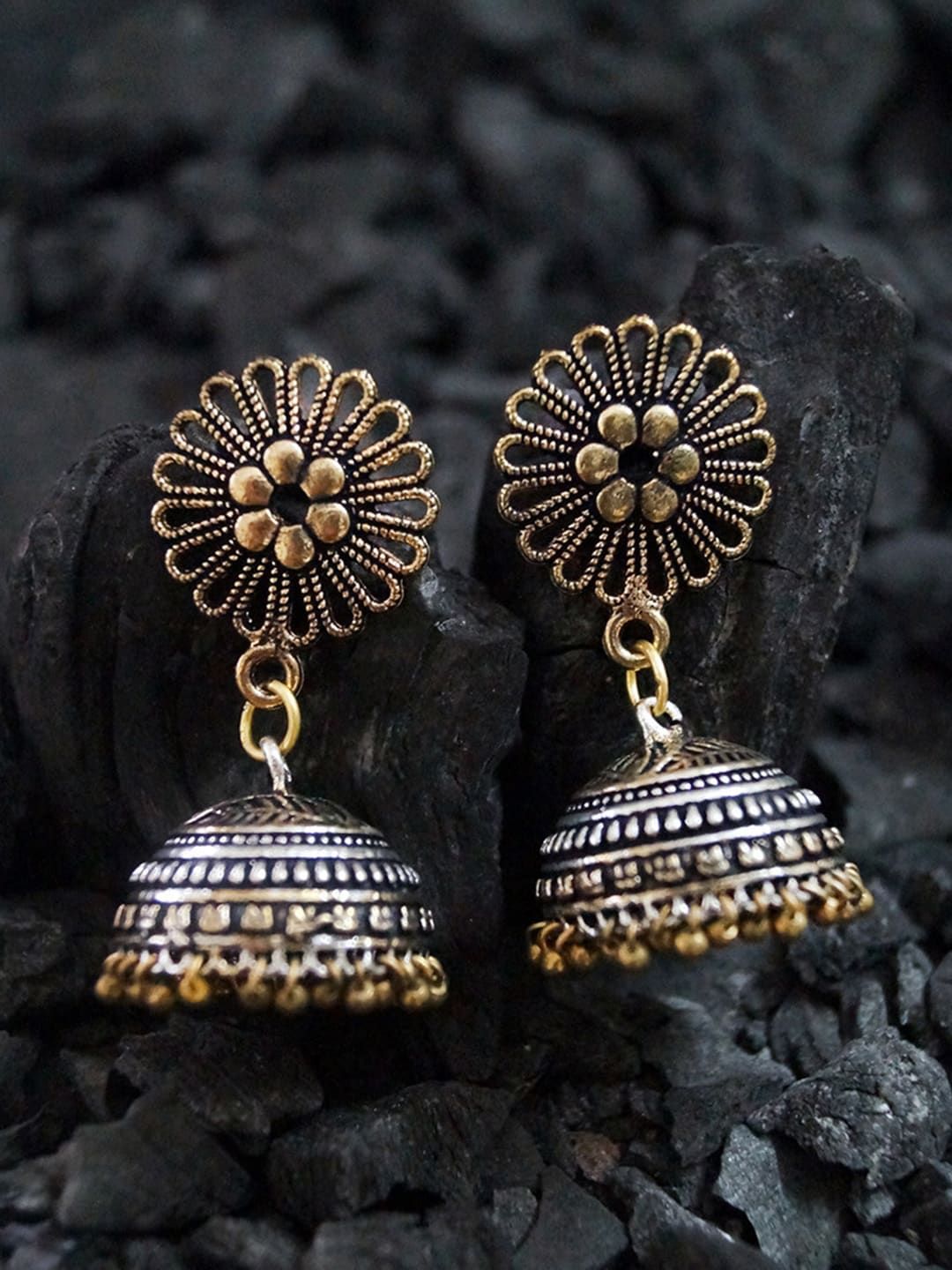Rubans Silver-Toned & Gold-Toned Dome-Shaped Jhumkas Price in India