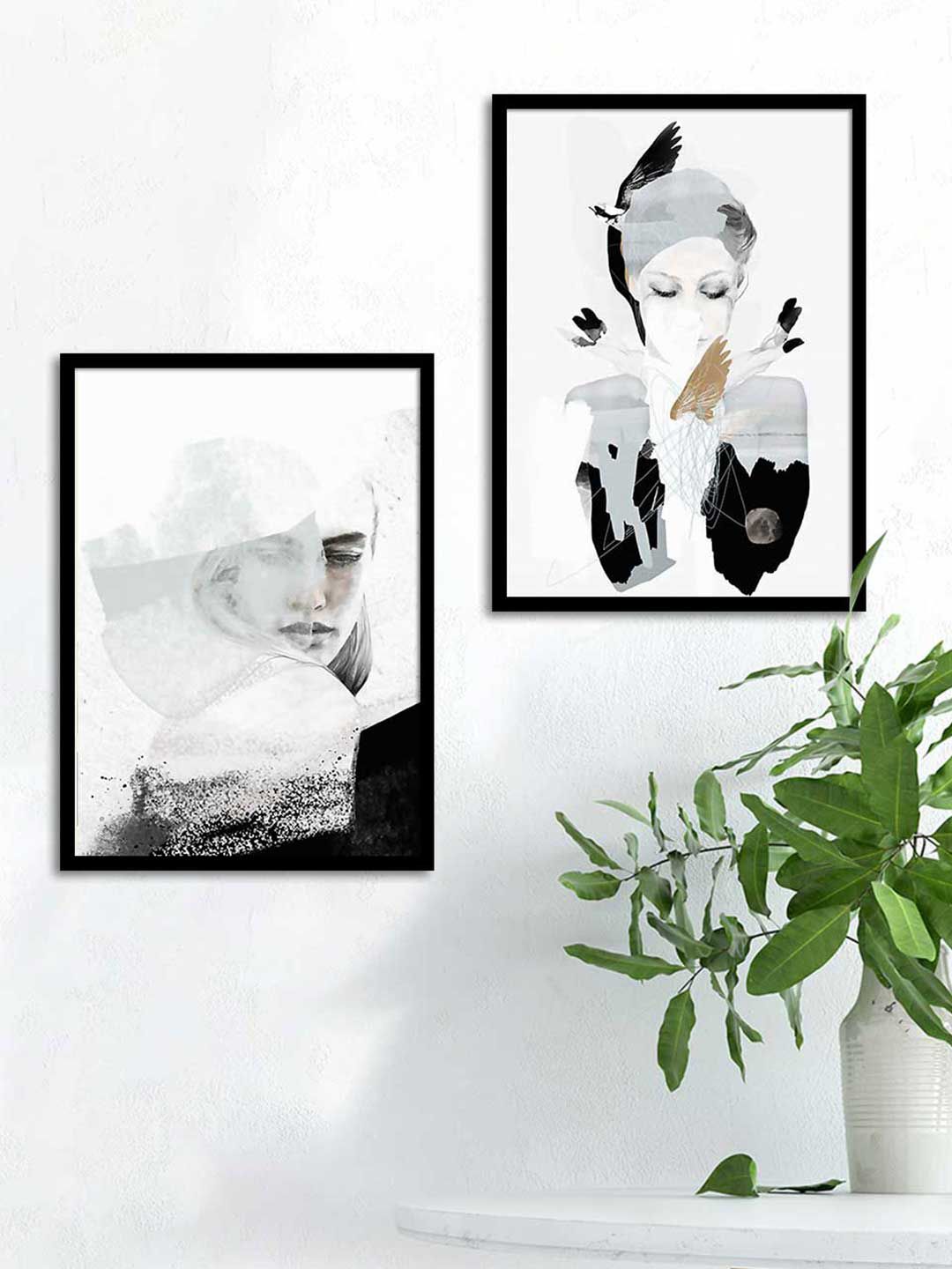 Art Street Set Of 2 Black Solid & White Rectangle Wall Art Price in India