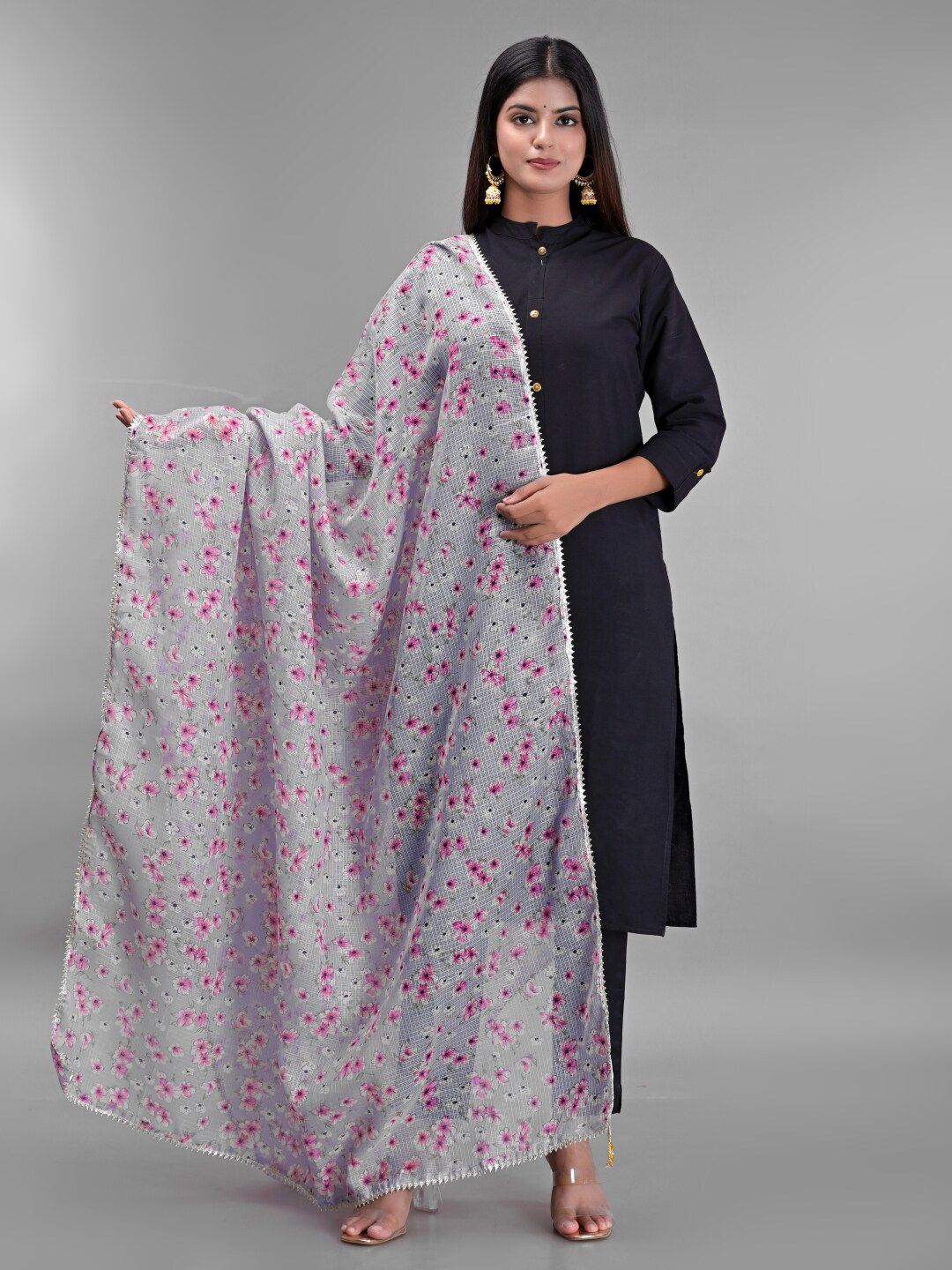 Apratim Grey & Pink Printed Dupatta