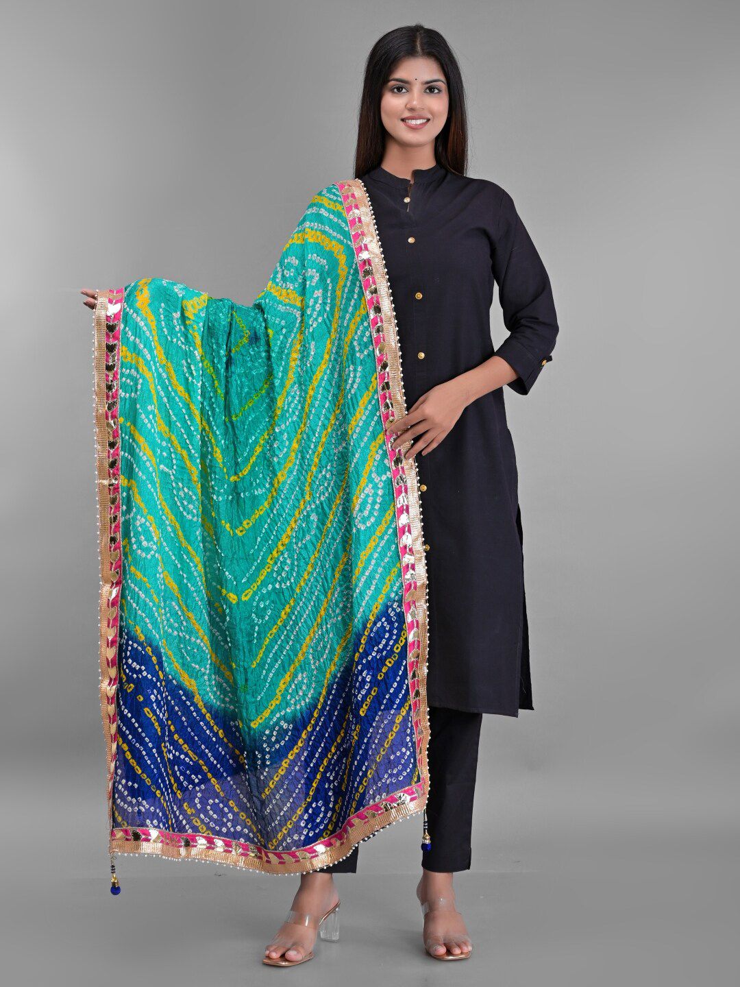 Apratim Blue & White Printed Art Silk Bandhani Dupatta