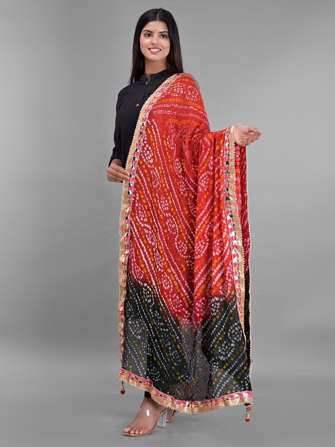 Apratim Red & White Printed Art Silk Bandhani Dupatta