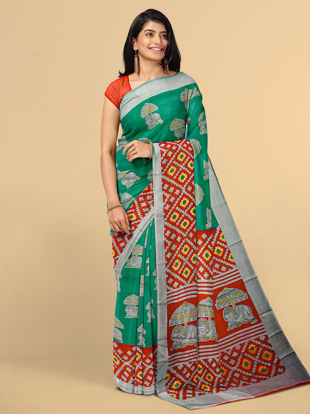 Kalamandir Teal & Red Silk Blend Saree Price in India