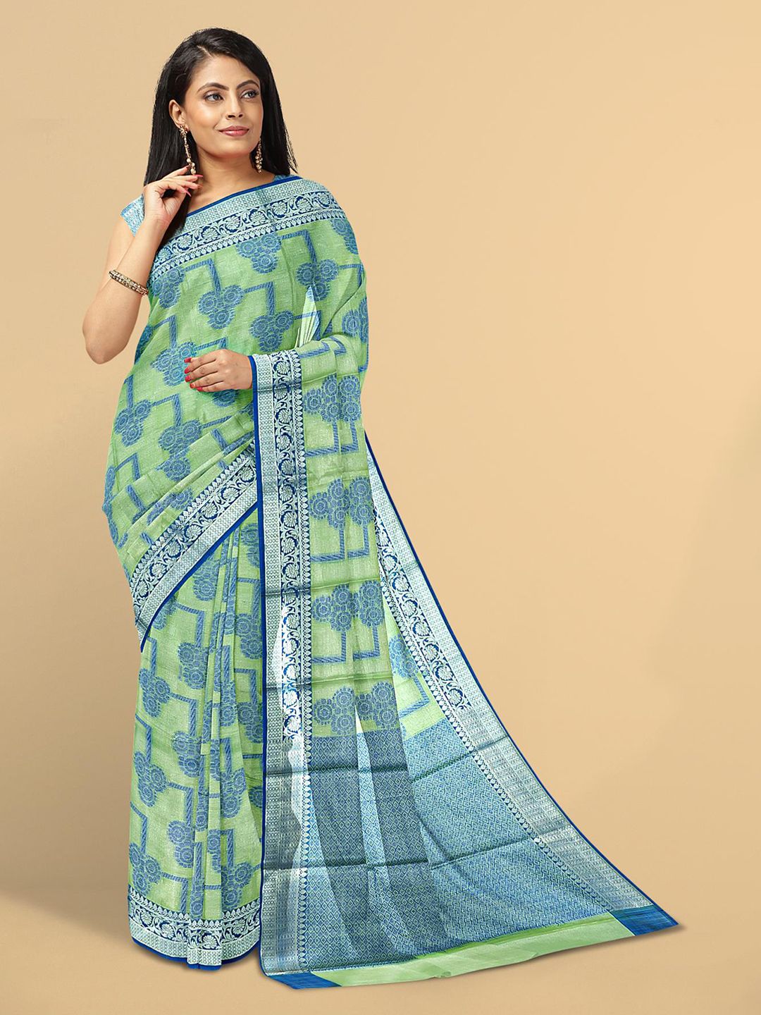 Kalamandir Women Green & Grey Woven Design Silk Blend Saree Price in India