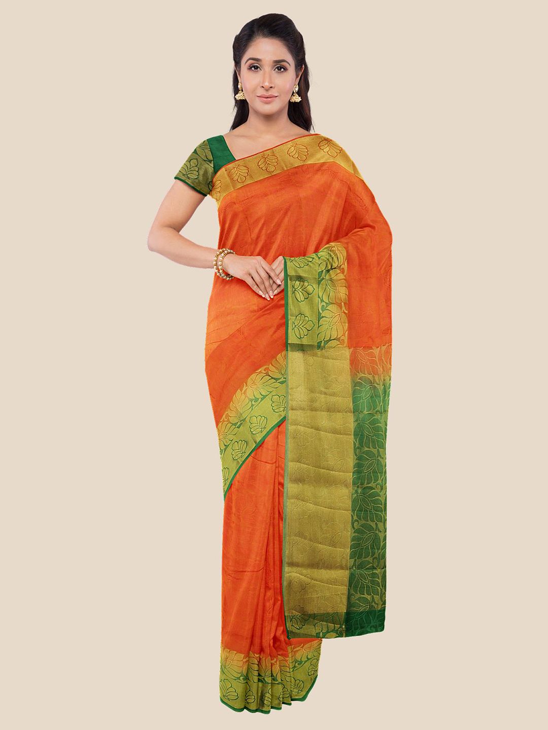 Kalamandir Orange & Green Floral Zari Saree Price in India