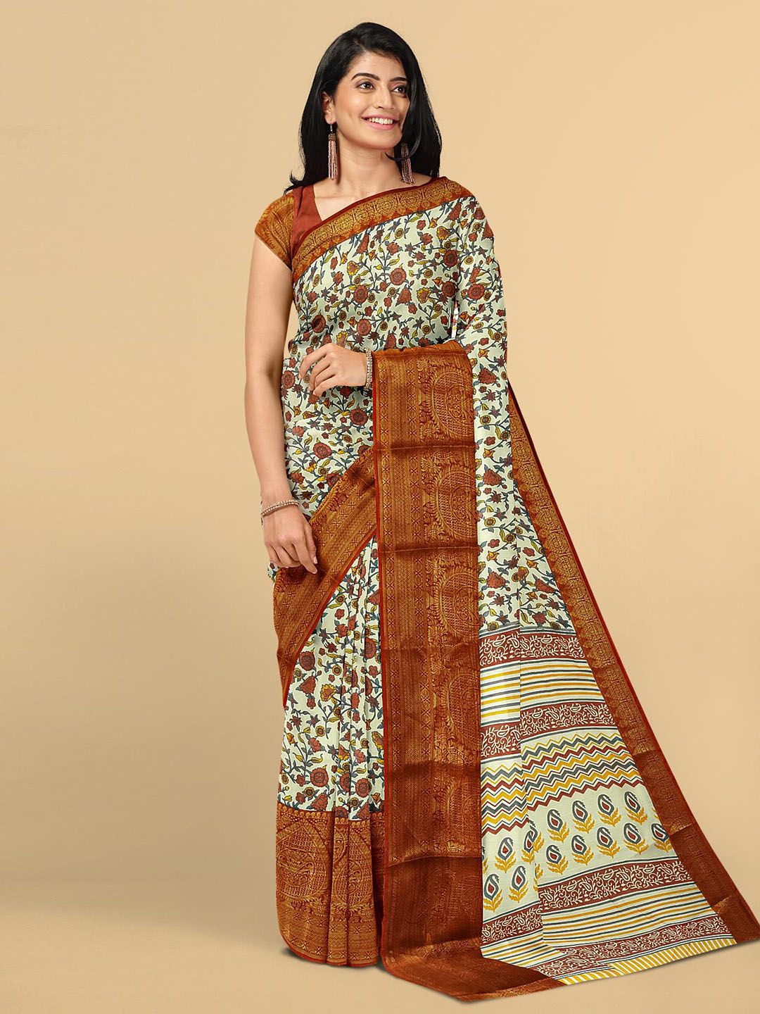 Kalamandir Brown & Green Floral Zari Silk Blend Saree Price in India