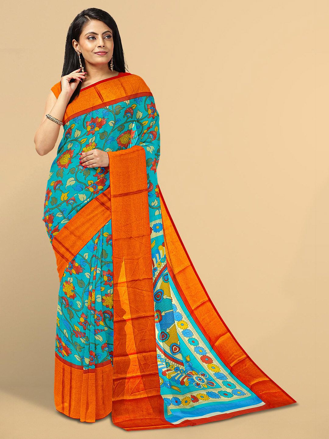 Kalamandir Women Teal & Orange Kalamkari Silk Blend Saree Price in India