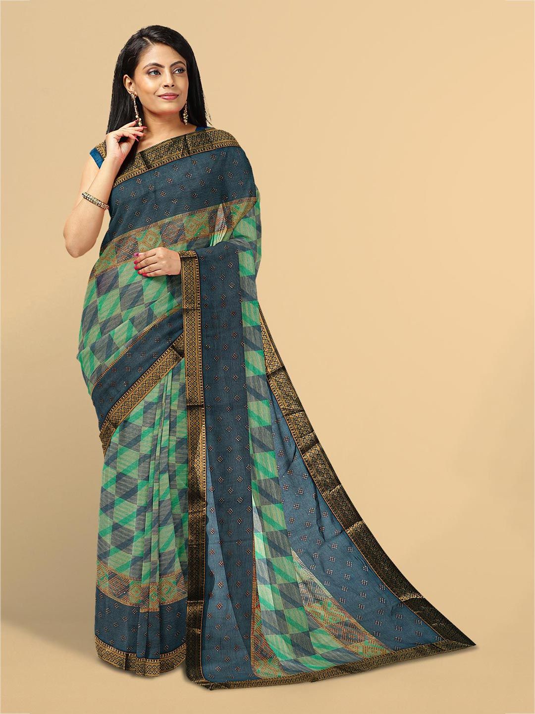 Kalamandir Green & Gold-Toned Silk Blend Saree Price in India