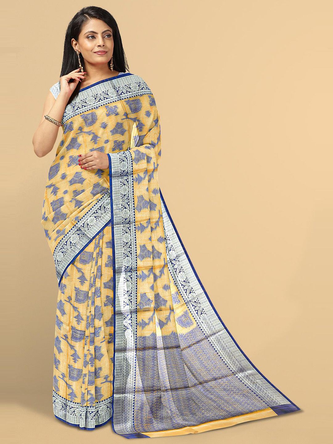 Kalamandir Women Yellow & Silver-Toned Geometric Zari Silk Blend Saree Price in India
