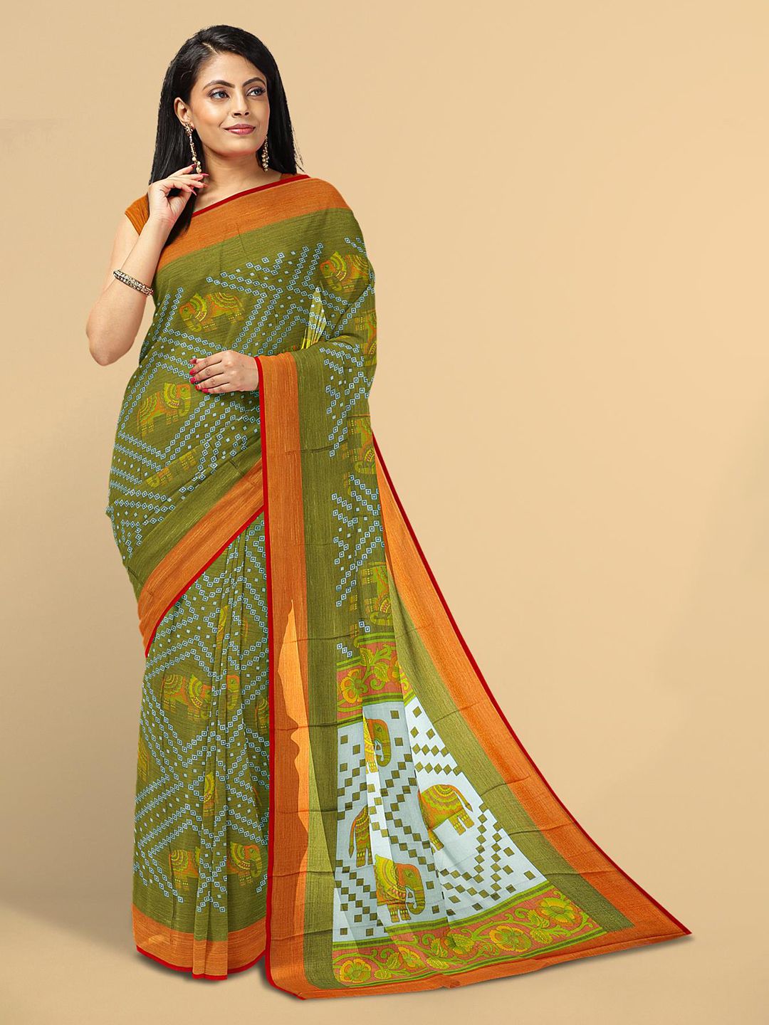 Kalamandir Green & Orange Silk Blend Saree Price in India