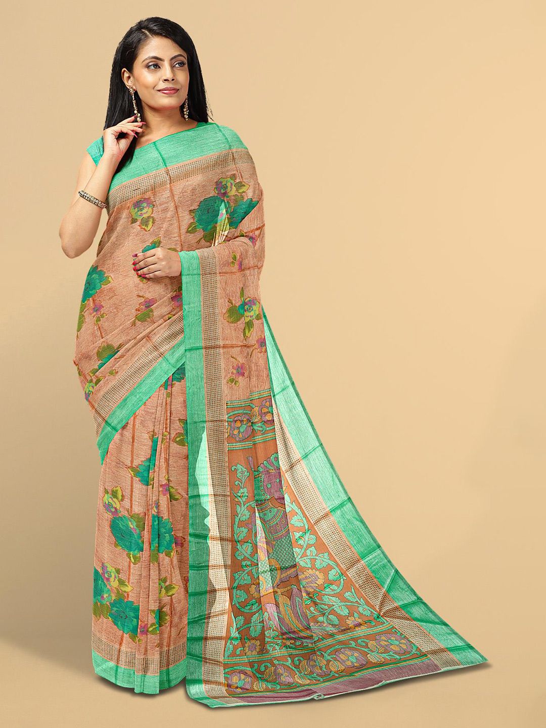 Kalamandir Orange & Green Floral Silk Blend Saree Price in India
