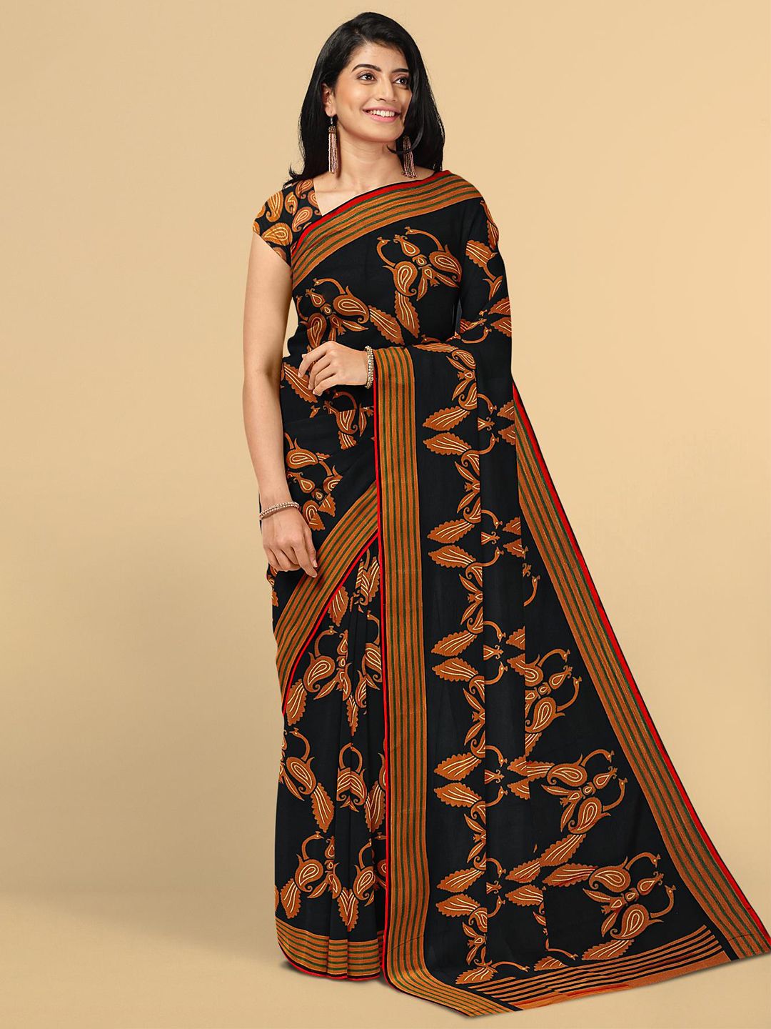 Kalamandir Black & Red Ethnic Motifs Silk Blend Saree Price in India