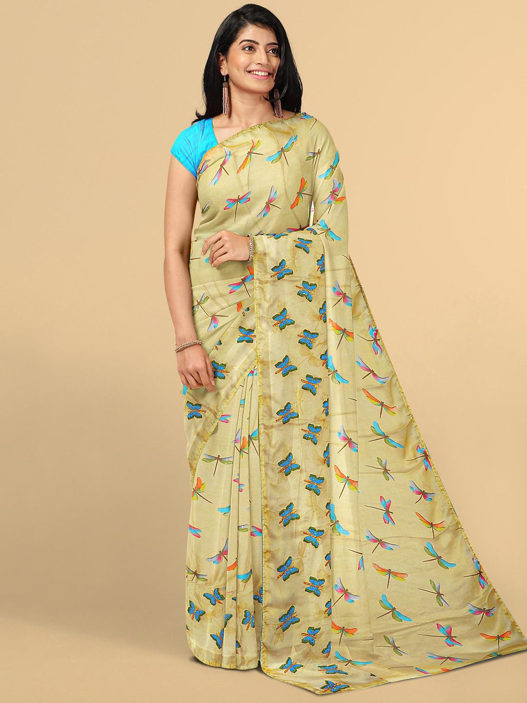 Kalamandir Cream & Blue Printed Silk Blend Saree Price in India