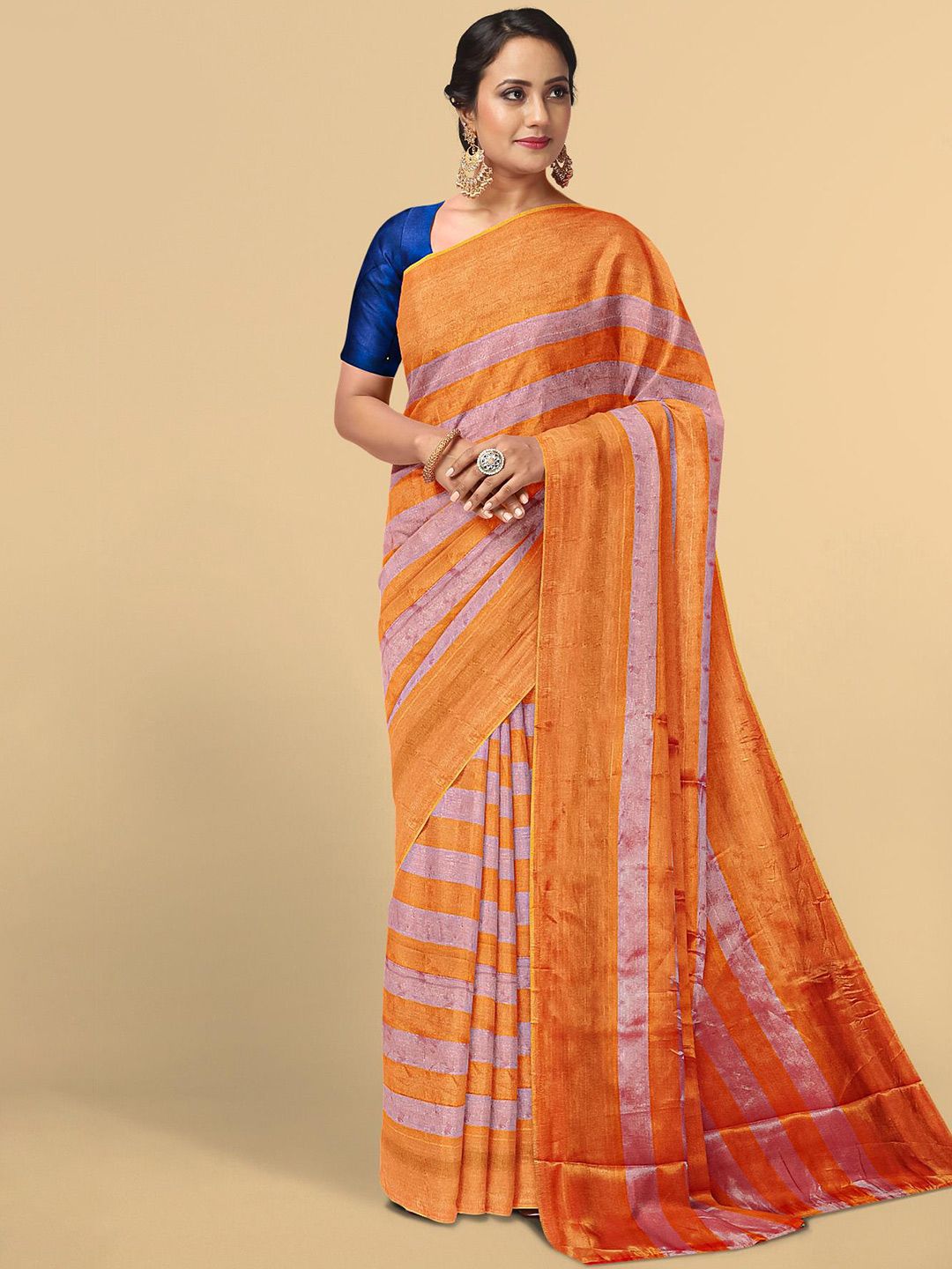 Kalamandir Orange & Gold-Toned Striped Zari Tissue Saree Price in India