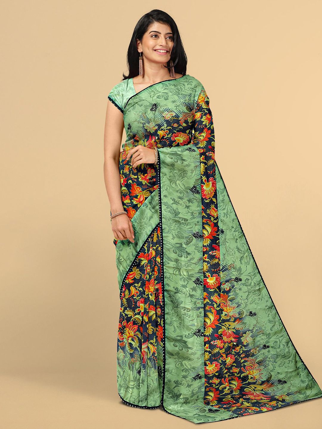 Kalamandir Navy Blue & Orange Floral Silk Blend Saree Price in India